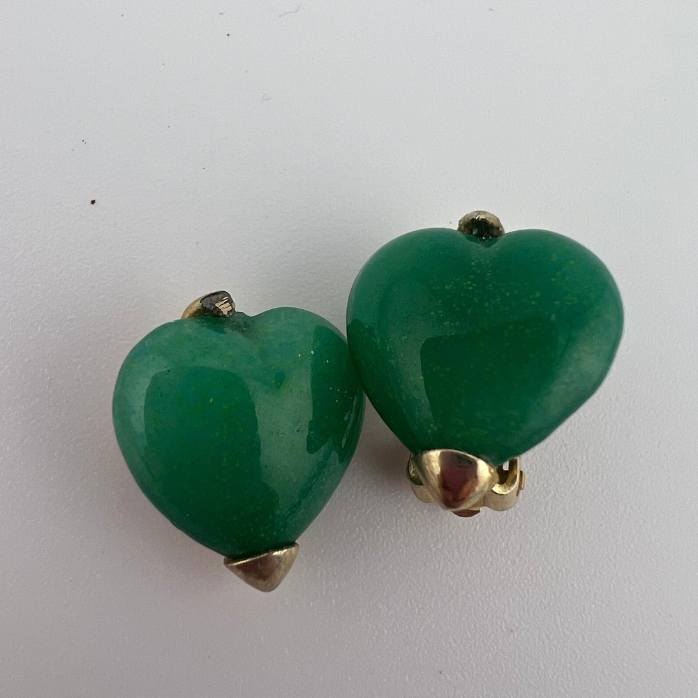 Vintage Green Heart Clip On Earrings Broken For Parts Mid Century Glass Stones